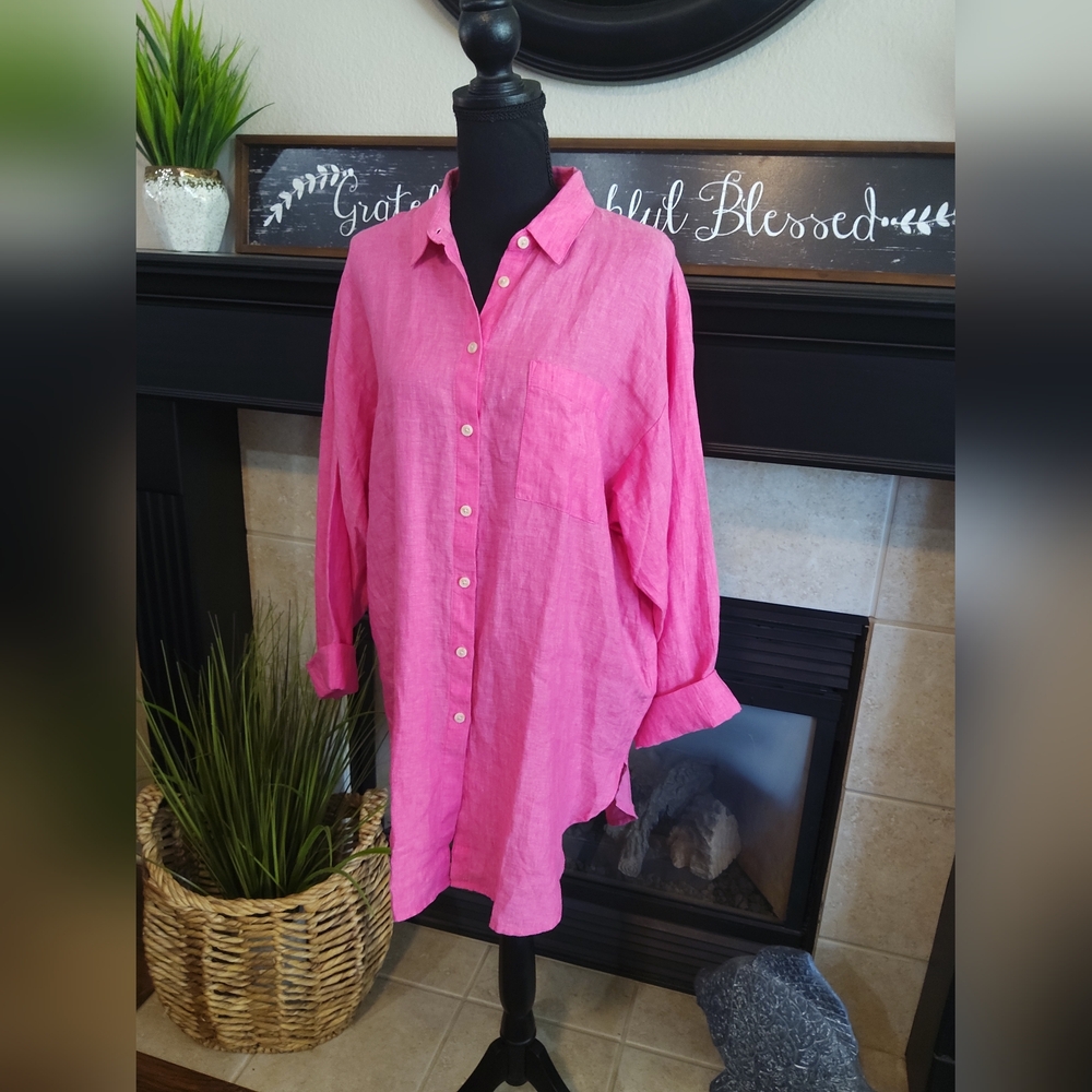 Lands' End Bold Pink Collared Shirt - Picture 9 of 10